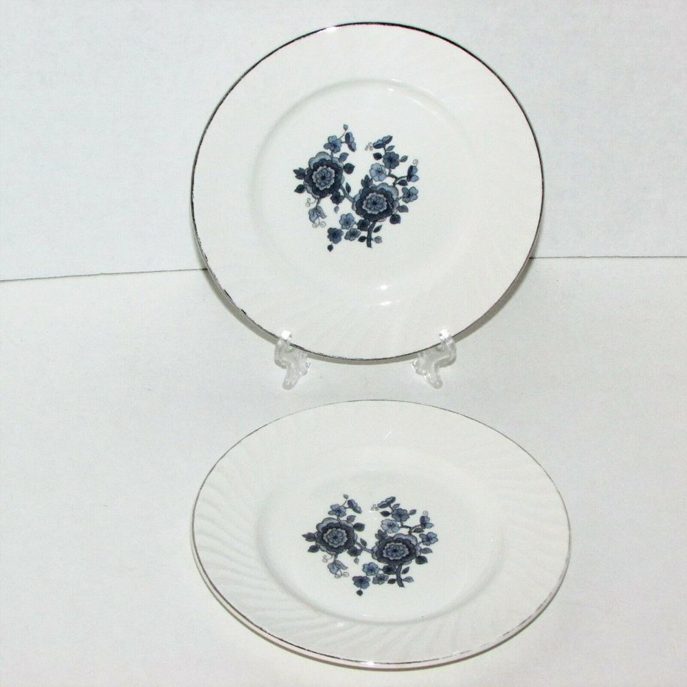 2 Wedgwood Bread Plates Royal Blue Silver Rim Vintage Floral Boho Cottagecore